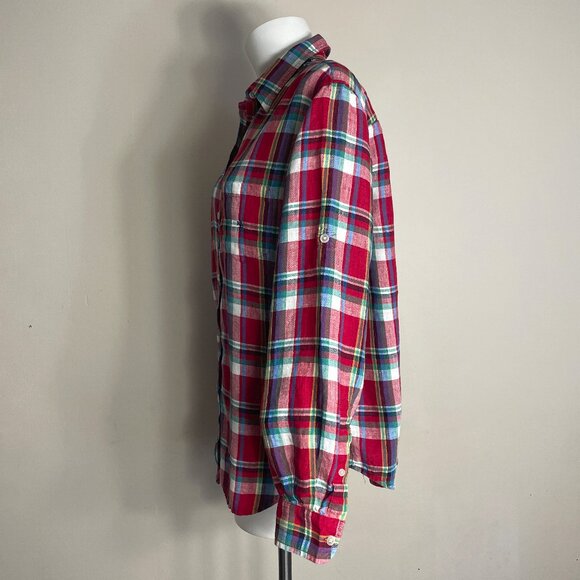 Lauren Ralph Lauren Shirt Women Sz Large 100% Linen Red Plaid Button Up Roll Tab - Picture 4 of 16